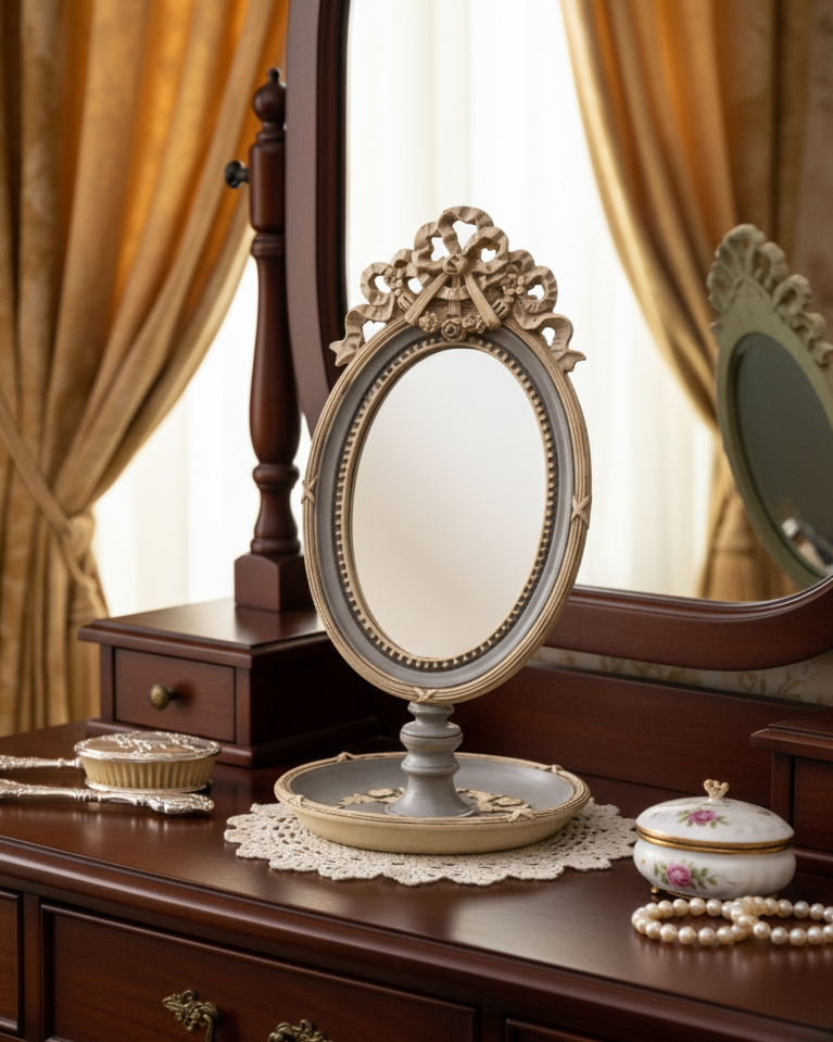 Vintage Bow-Topped Oval Vanity Mirror